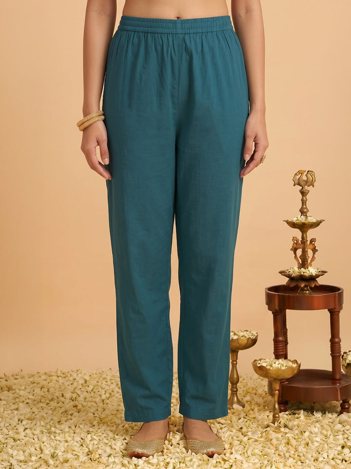Teal Blue Printed Cotton Blend Kurta With Pant &amp; Dupatta