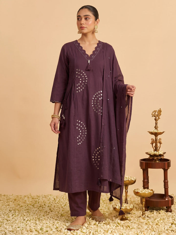 Wine Printed Cotton Blend Kurta With Pant &amp; Dupatta