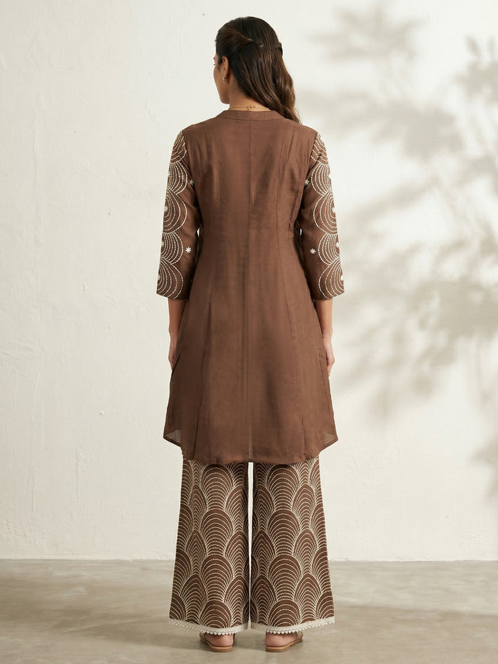 Brown Embroidered Cotton Blend Round Neck Straight Kurta With Pant