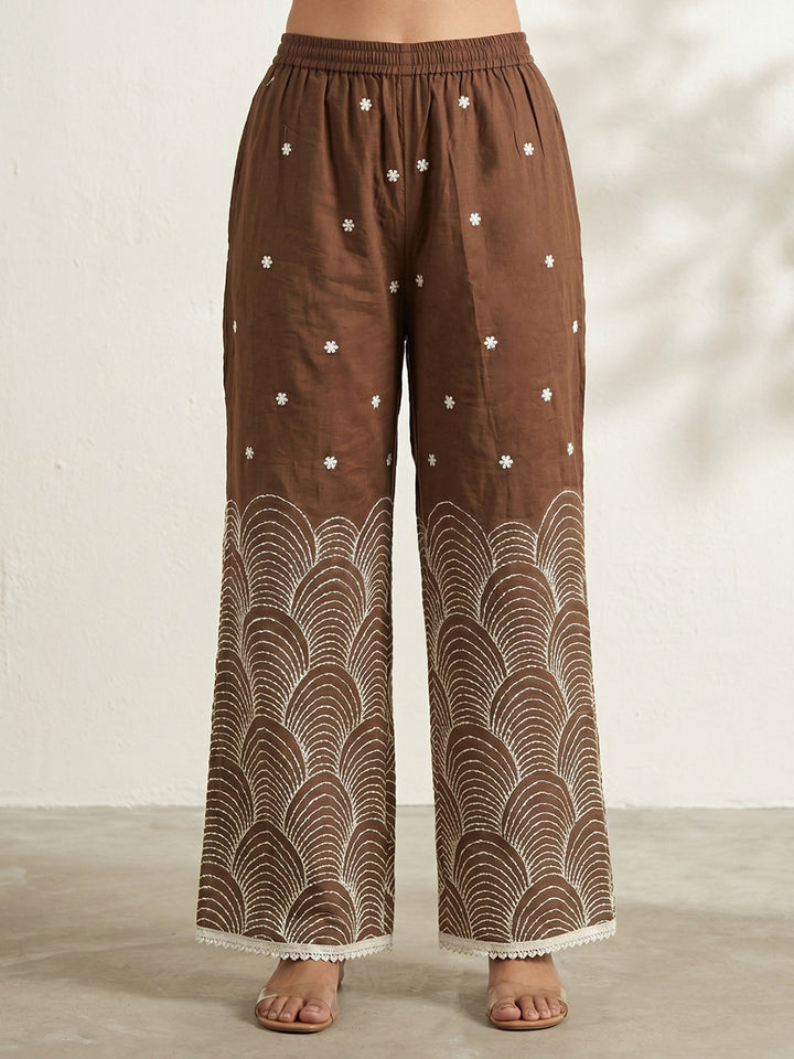 Brown Embroidered Cotton Blend Round Neck Straight Kurta With Pant