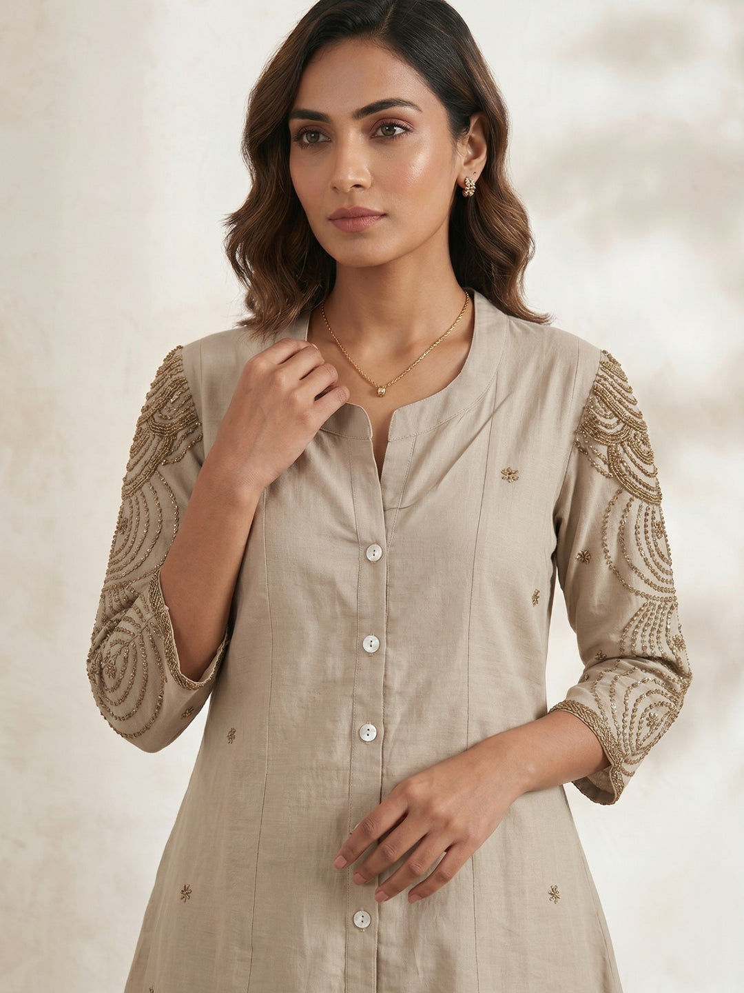 Cream Embroidered Cotton Blend Round Neck Straight Kurta With Pant