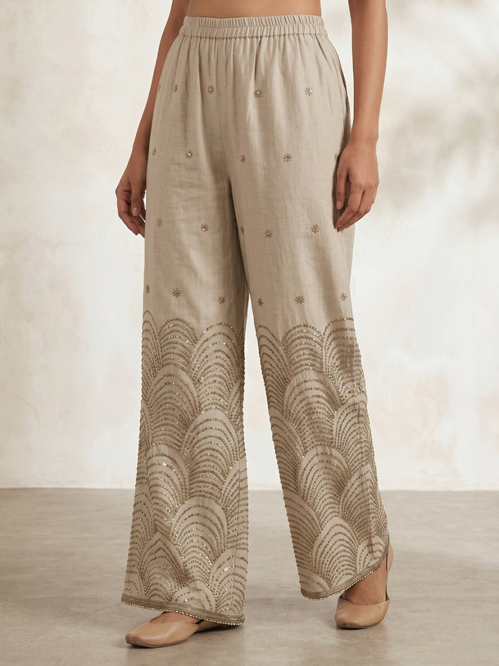 Cream Embroidered Cotton Blend Round Neck Straight Kurta With Pant