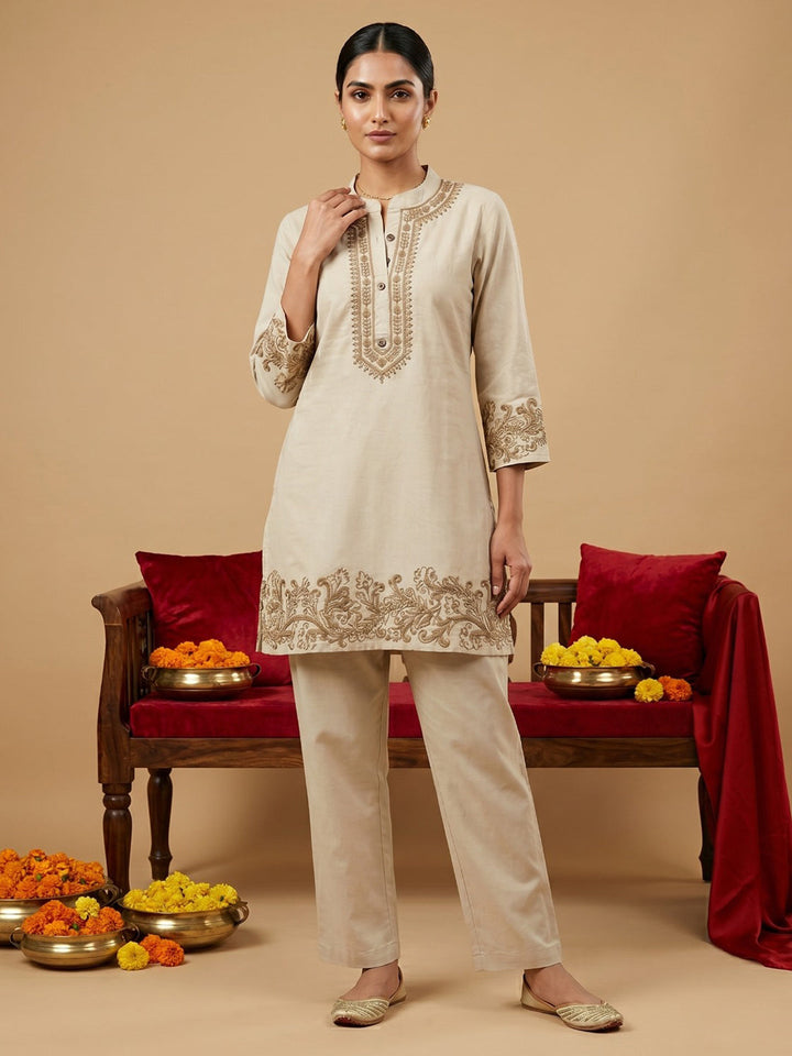Beige Embroidered Cotton Blend Round Neck Straight Kurta With Pant