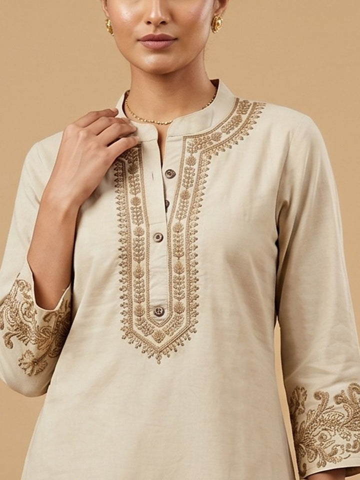 Beige Embroidered Cotton Blend Round Neck Straight Kurta With Pant