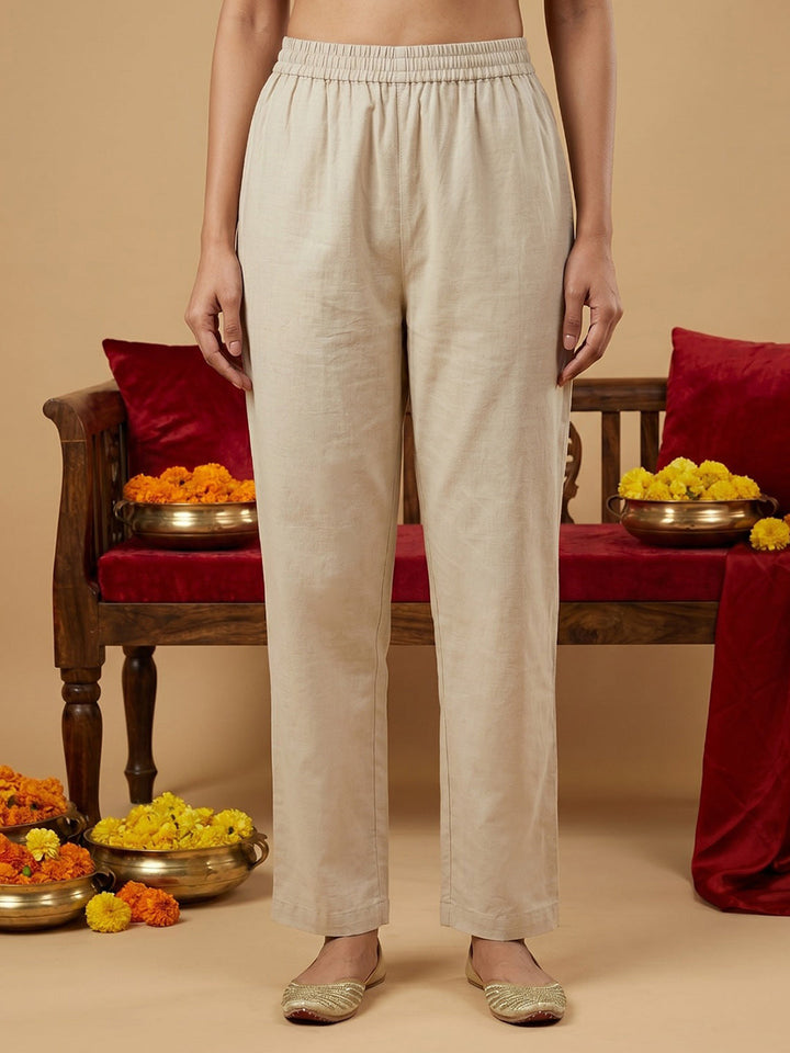 Beige Embroidered Cotton Blend Round Neck Straight Kurta With Pant