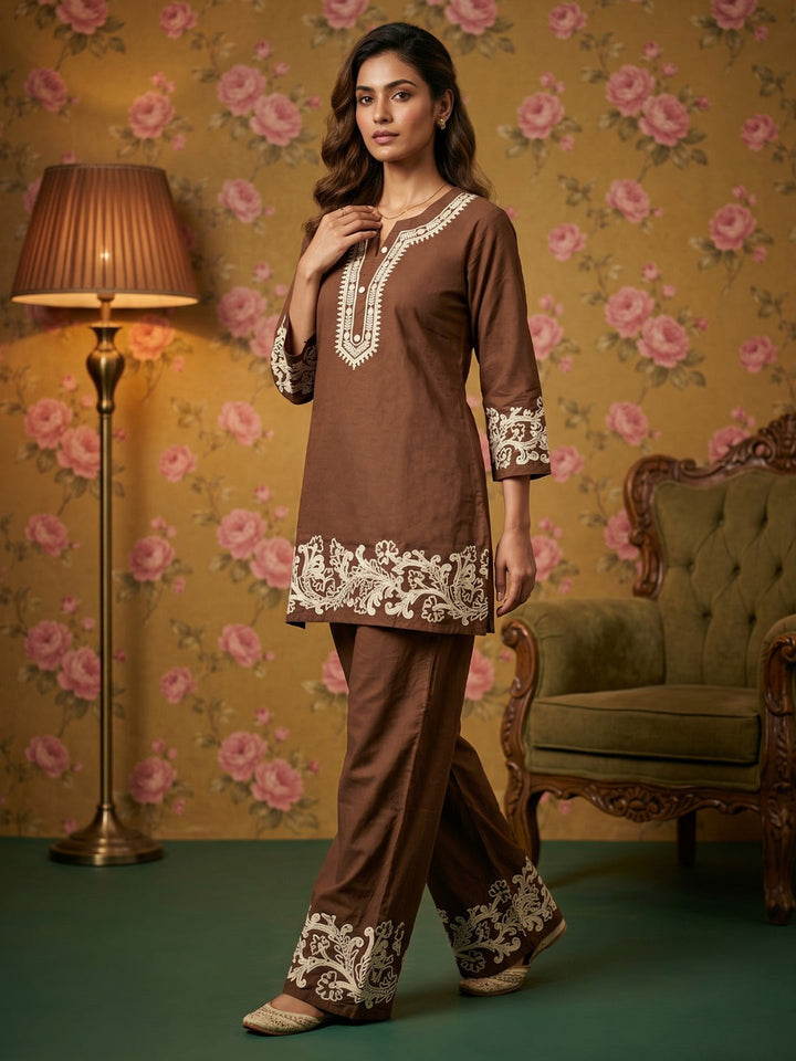Brown Embroidered Cotton Blend Round Neck Straight Kurta With Pant