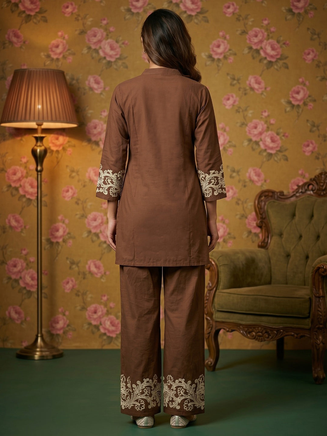 Brown Embroidered Cotton Blend Round Neck Straight Kurta With Pant