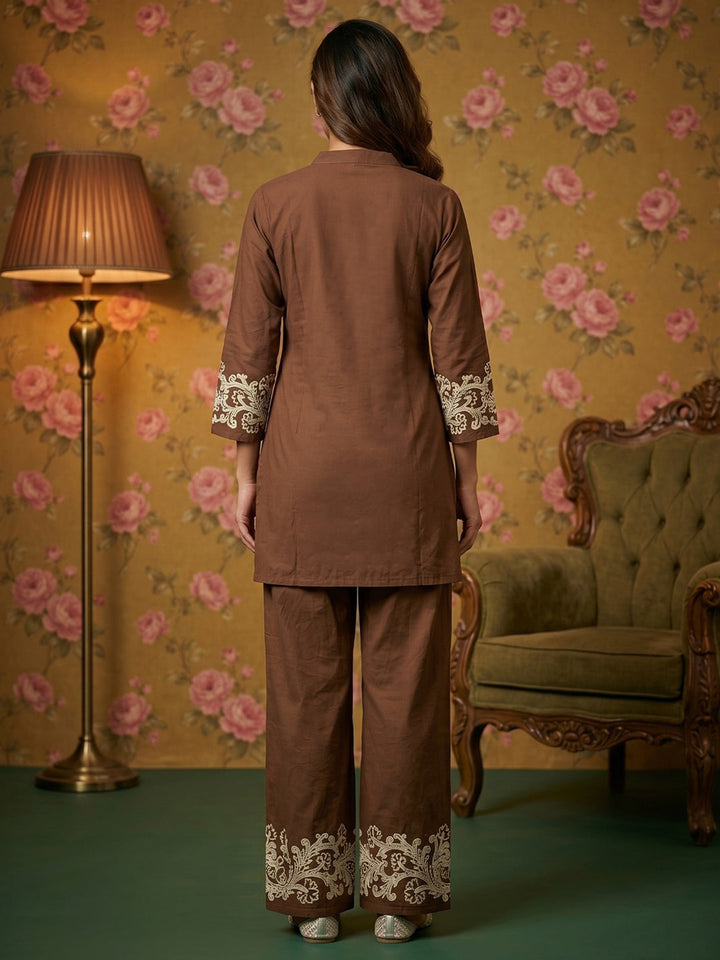 Brown Embroidered Cotton Blend Round Neck Straight Kurta With Pant