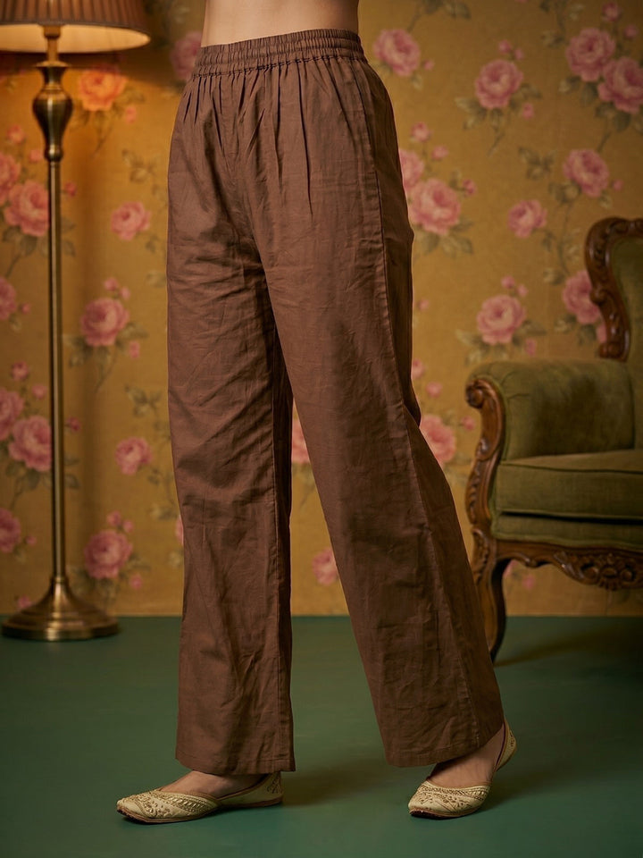 Brown Embroidered Cotton Blend Round Neck Straight Kurta With Pant