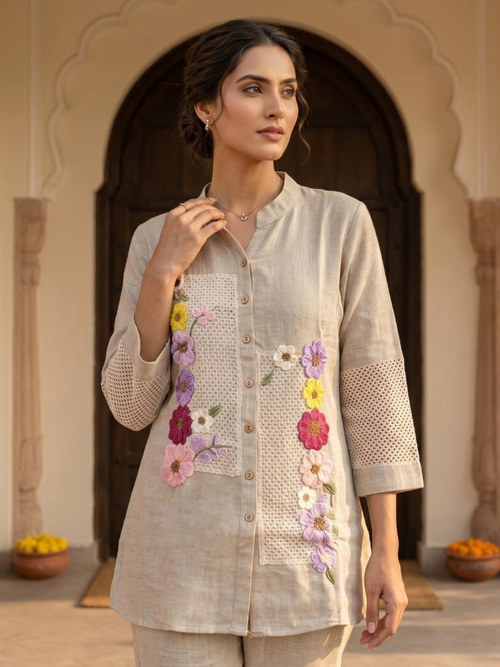 Beige Embroidered Cotton Blend Round Neck Straight Kurta With Pant