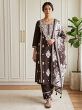 Brown Printed Cotton Blend Kurta With Pant & Dupatta