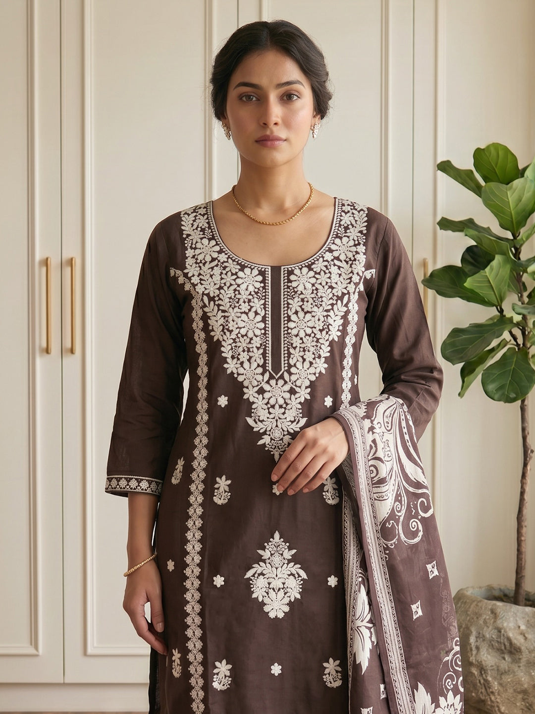 Brown Printed Cotton Blend Kurta With Pant & Dupatta