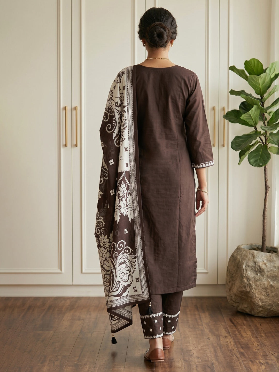 Brown Printed Cotton Blend Kurta With Pant & Dupatta