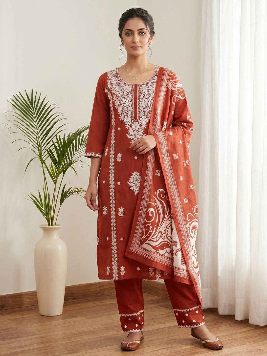 Red Printed Cotton Blend Kurta With Pant & Dupatta