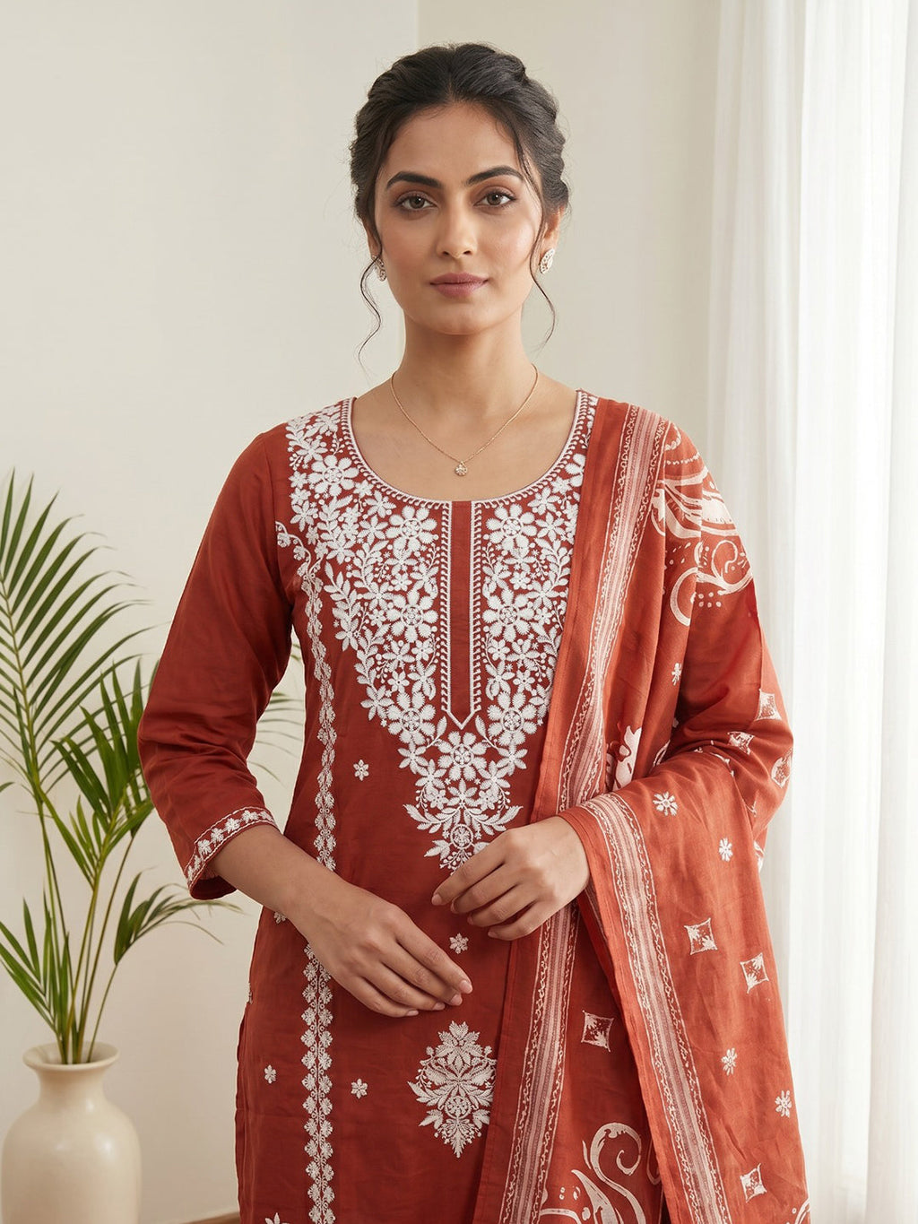 Red Printed Cotton Blend Kurta With Pant & Dupatta