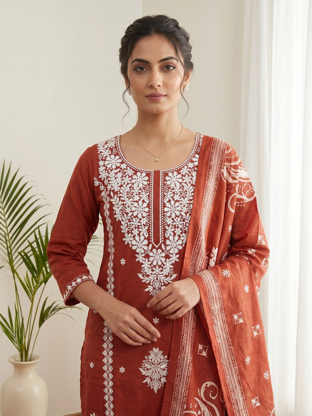 Red Printed Cotton Blend Kurta With Pant & Dupatta