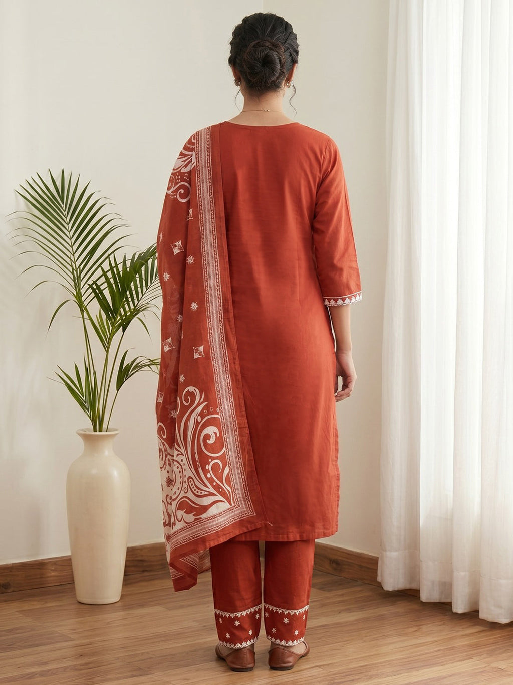 Red Printed Cotton Blend Kurta With Pant & Dupatta
