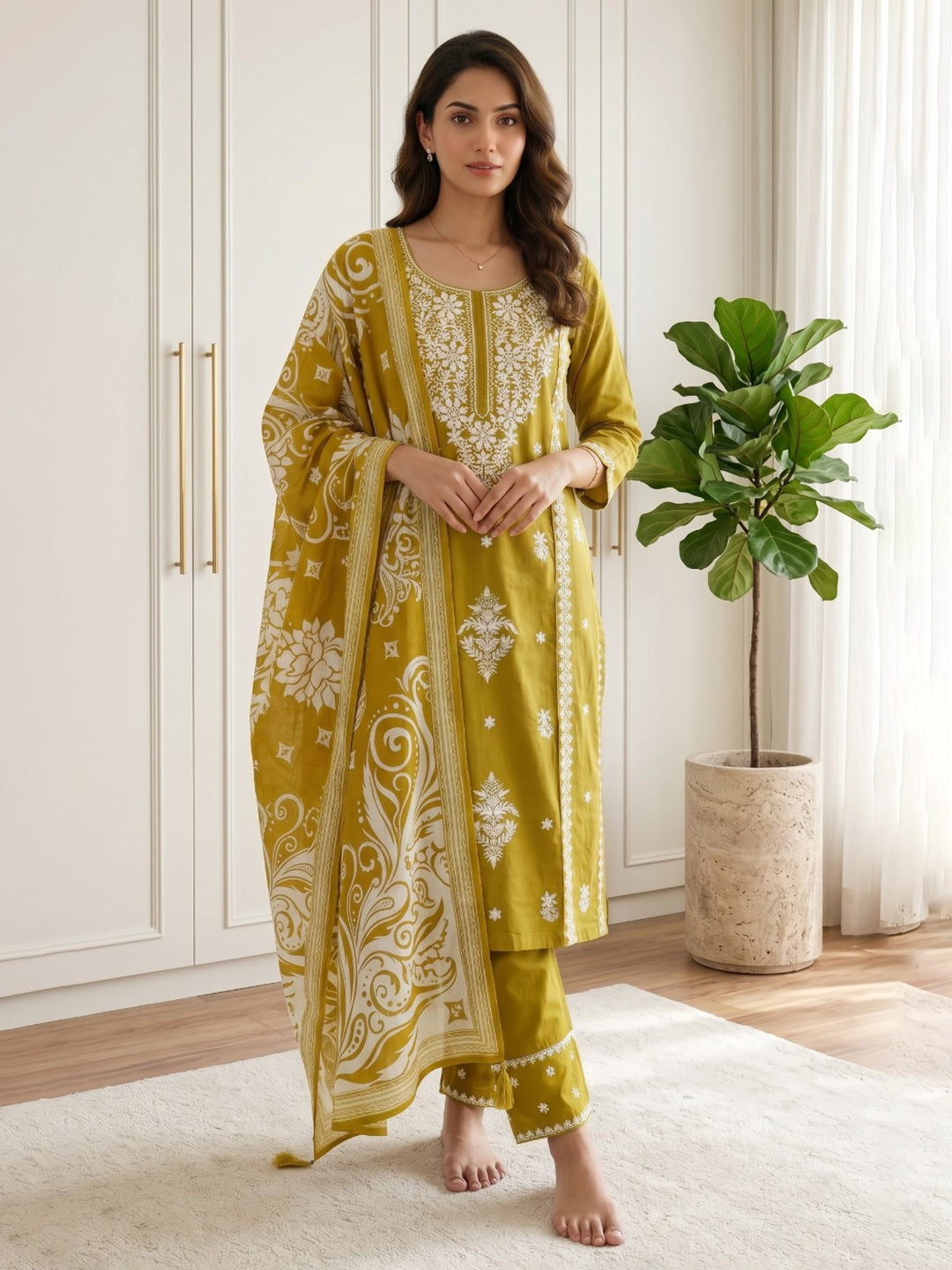 Yellow Printed Cotton Blend Kurta With Pant & Dupatta