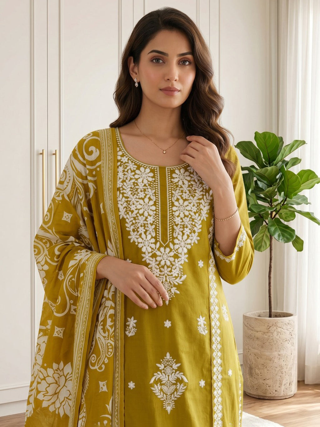 Yellow Printed Cotton Blend Kurta With Pant & Dupatta
