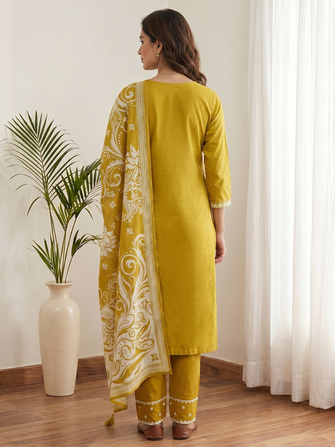 Yellow Printed Cotton Blend Kurta With Pant & Dupatta