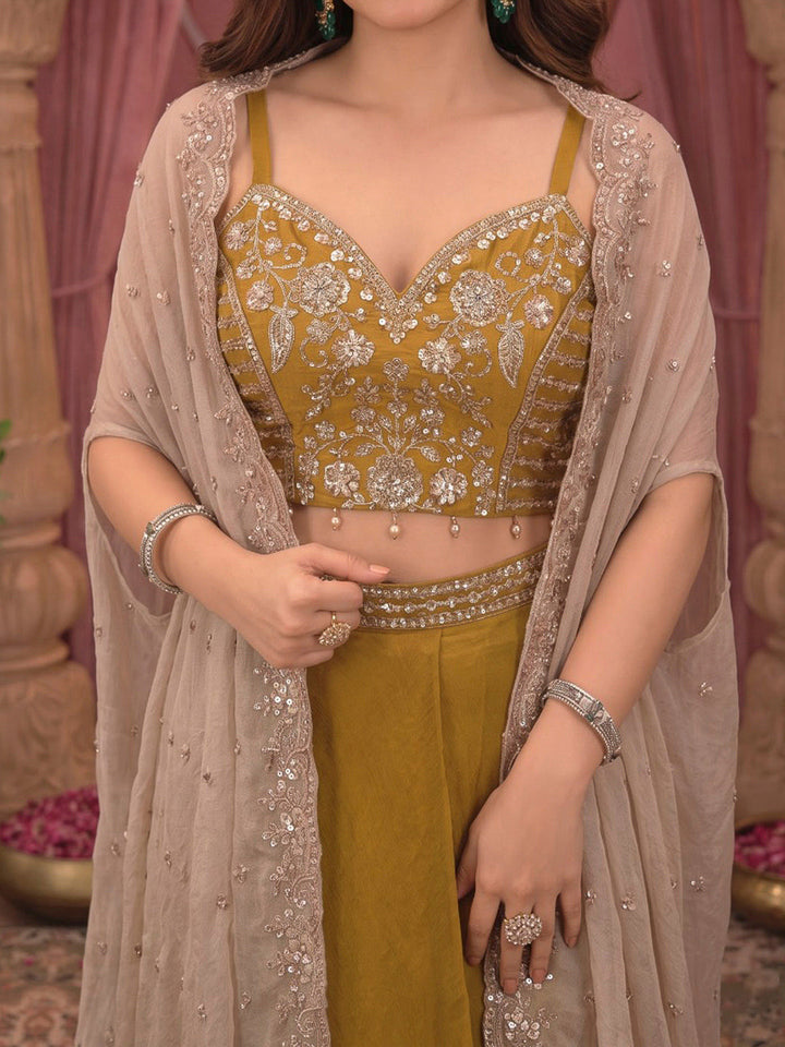 Mustard Embroidered Art Silk Dress With Dupatta