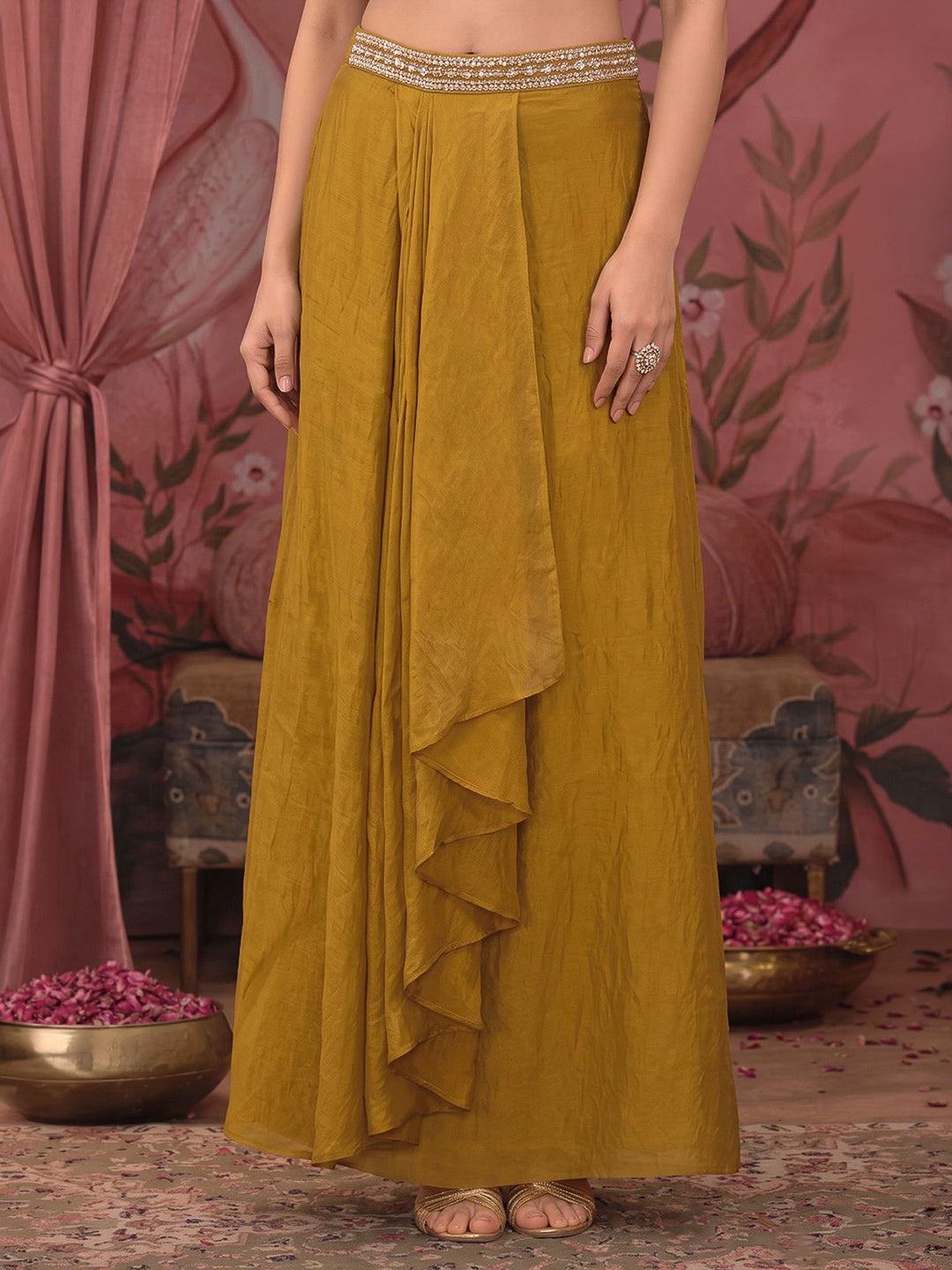 Mustard Embroidered Art Silk Dress With Dupatta