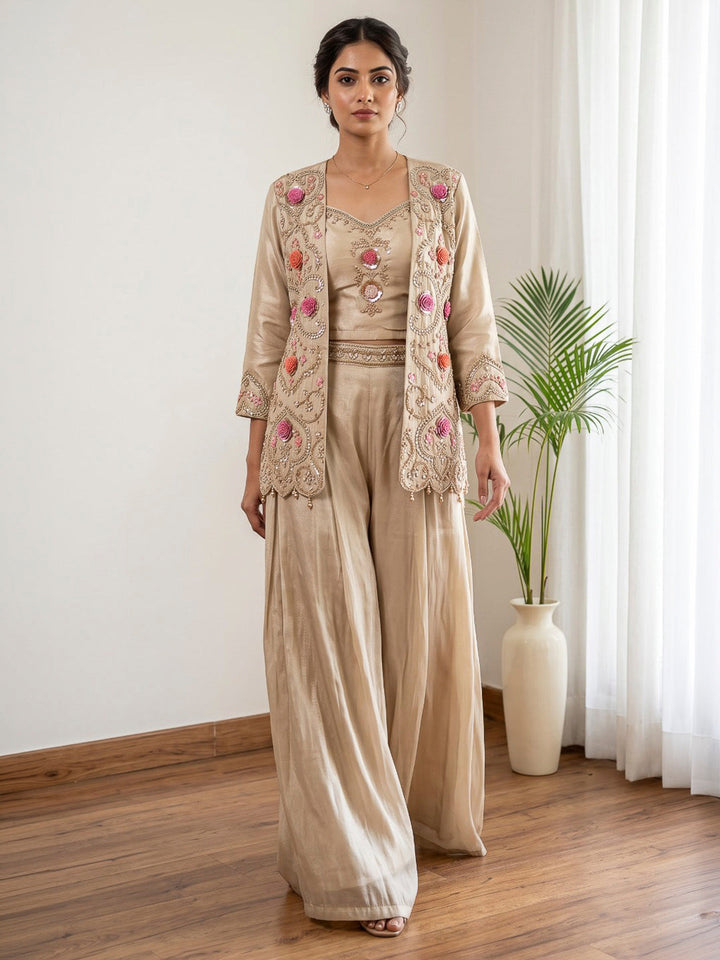 Off White Embroidered Art Silk Kurta Set