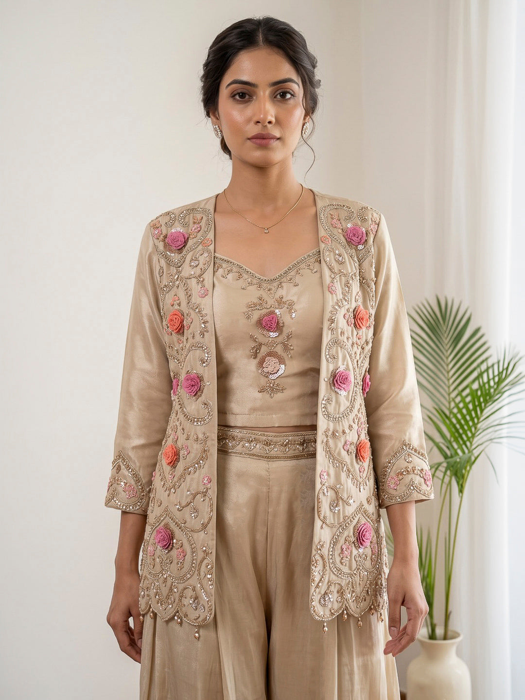 Off White Embroidered Art Silk Kurta Set