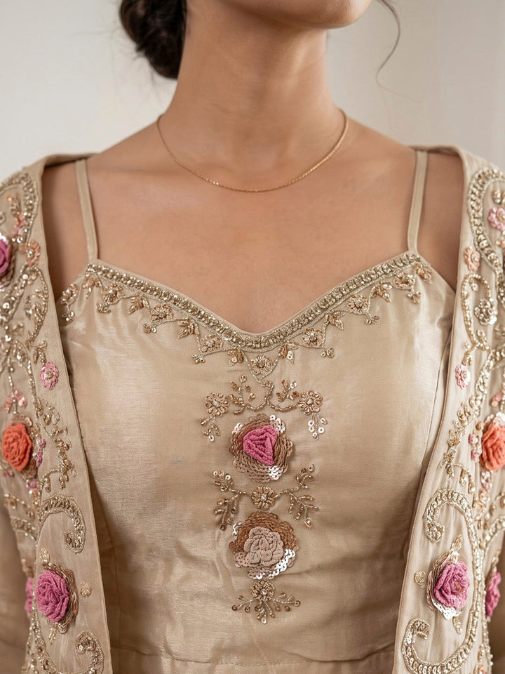 Off White Embroidered Art Silk Kurta Set