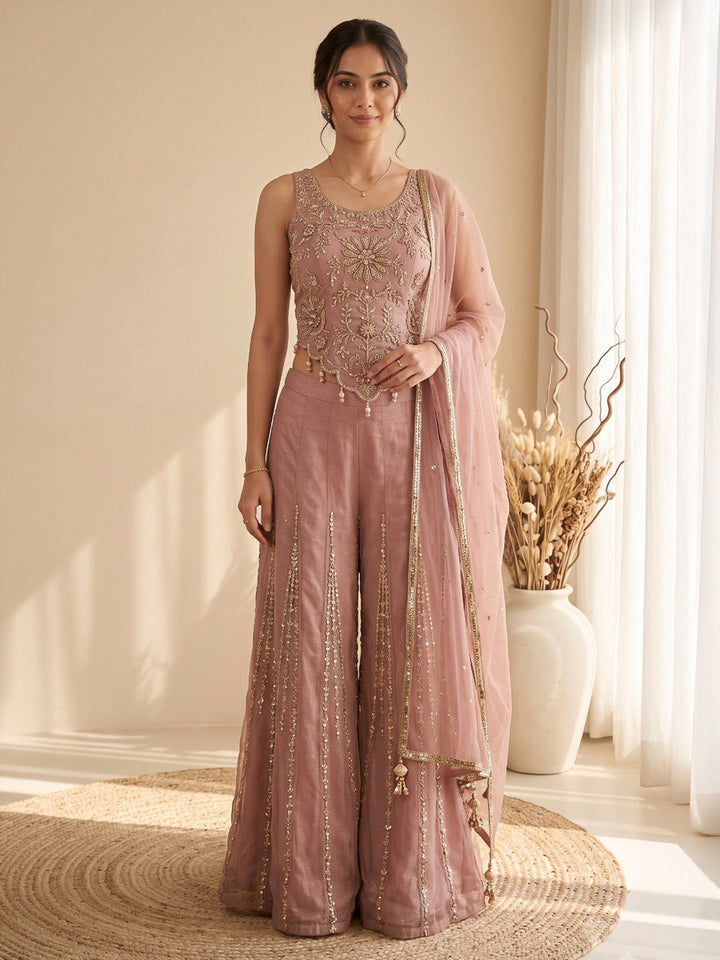 Pink Embroidered Art Silk Kurta With Pant &amp; Dupatta