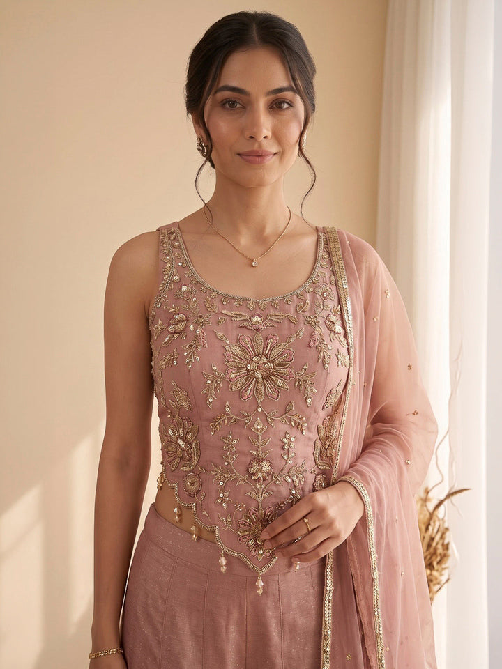 Pink Embroidered Art Silk Kurta With Pant &amp; Dupatta