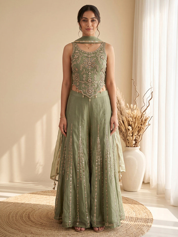 Pista Green Embroidered Art Silk Kurta With Pant &amp; Dupatta
