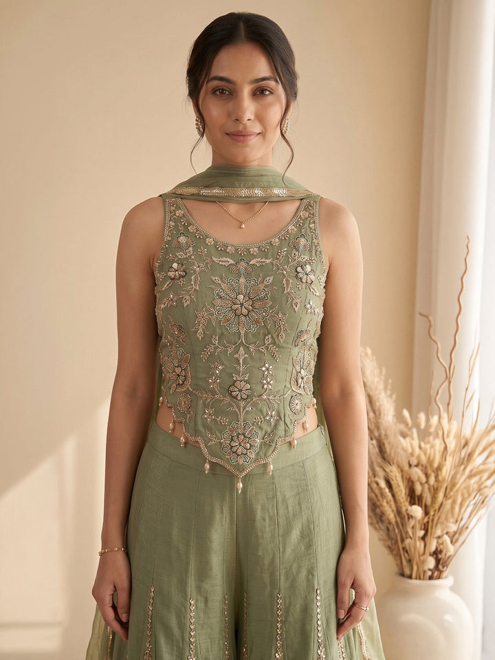 Pista Green Embroidered Art Silk Kurta With Pant &amp; Dupatta