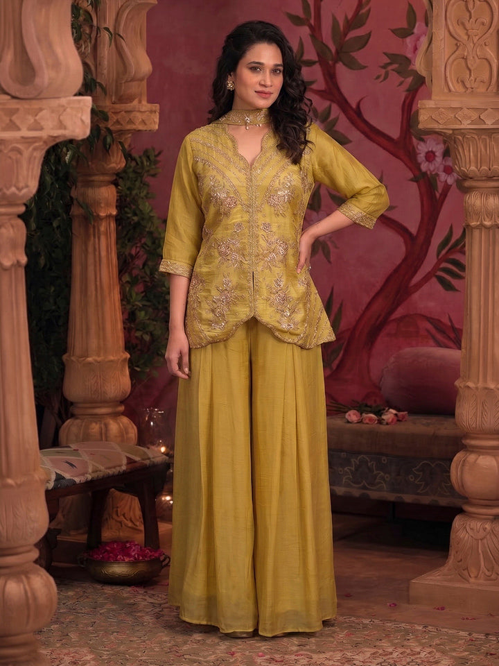 Mustard Embroidered Art Silk Kurta With Pant &amp; Dupatta