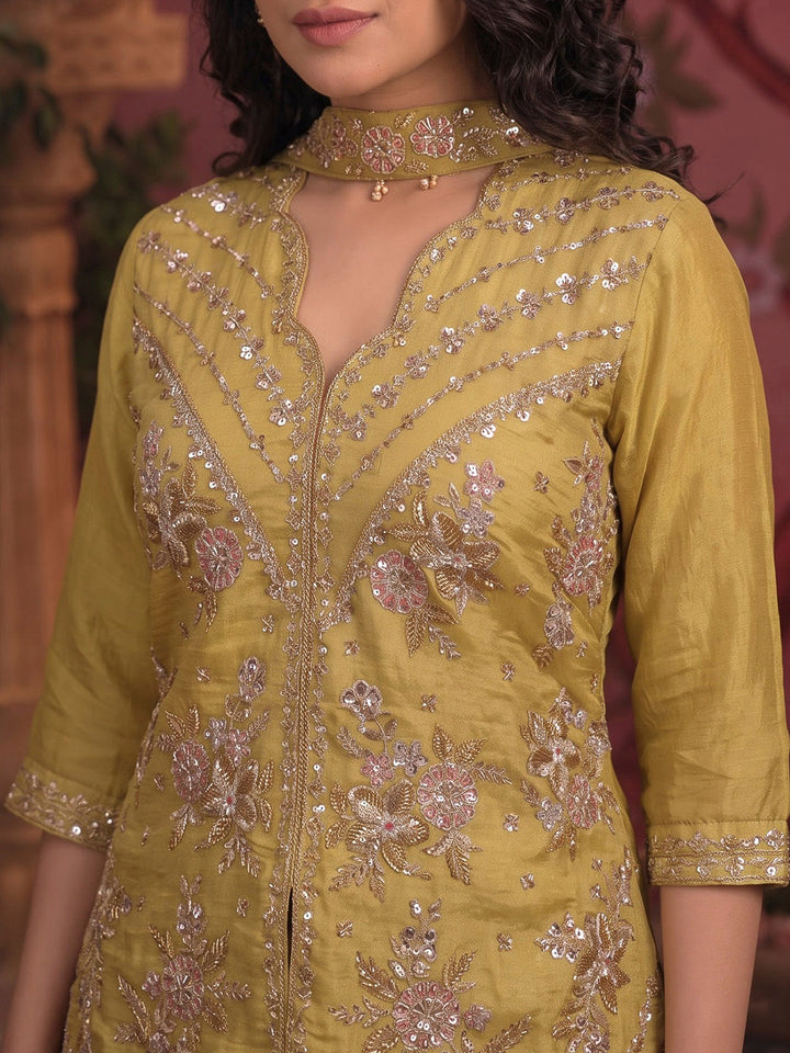 Mustard Embroidered Art Silk Kurta With Pant &amp; Dupatta