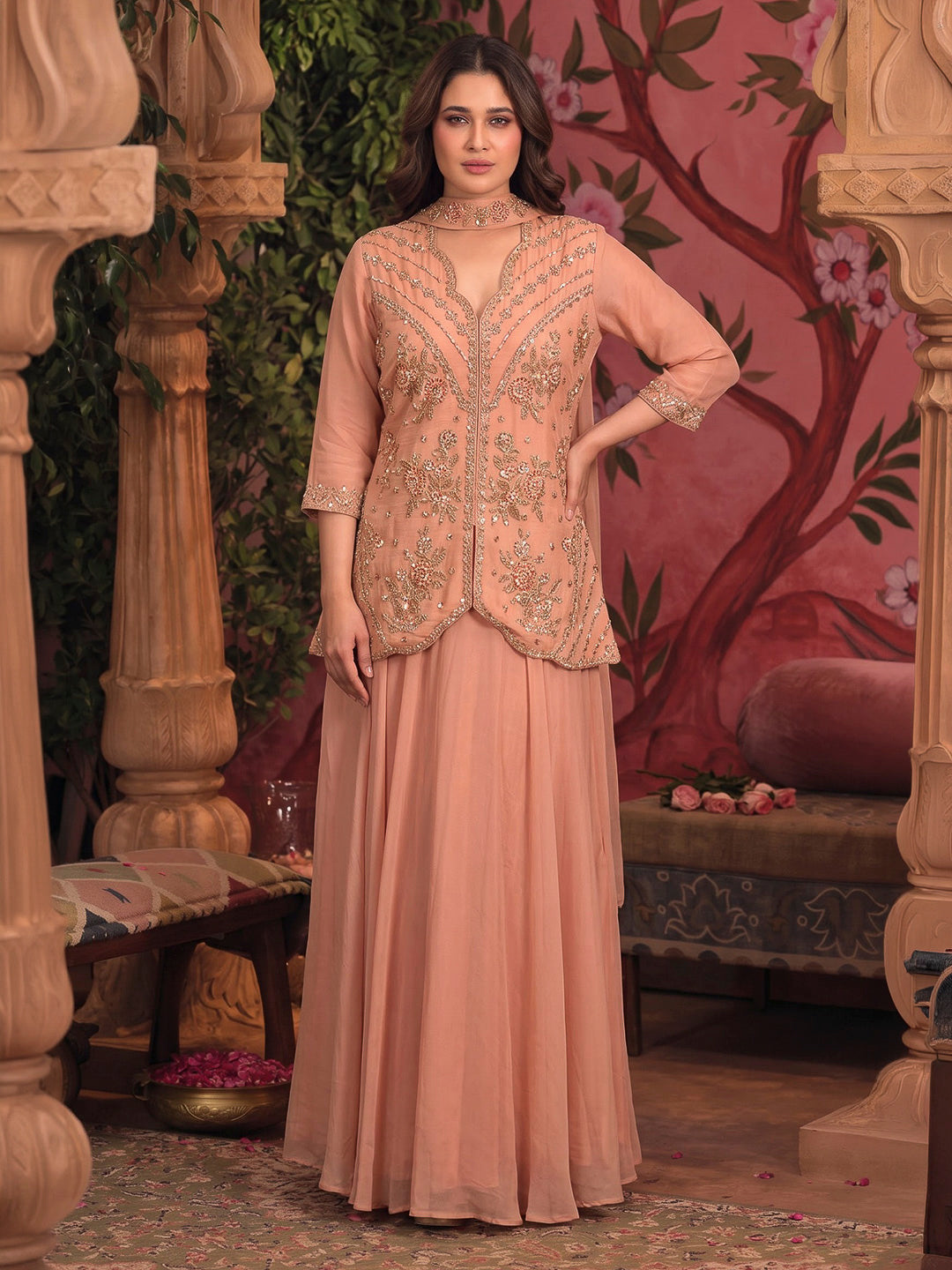Peach Embroidered Art Silk Kurta With Pant &amp; Dupatta