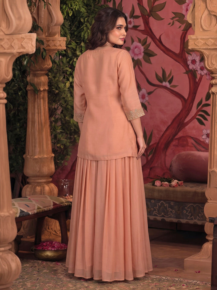 Peach Embroidered Art Silk Kurta With Pant &amp; Dupatta