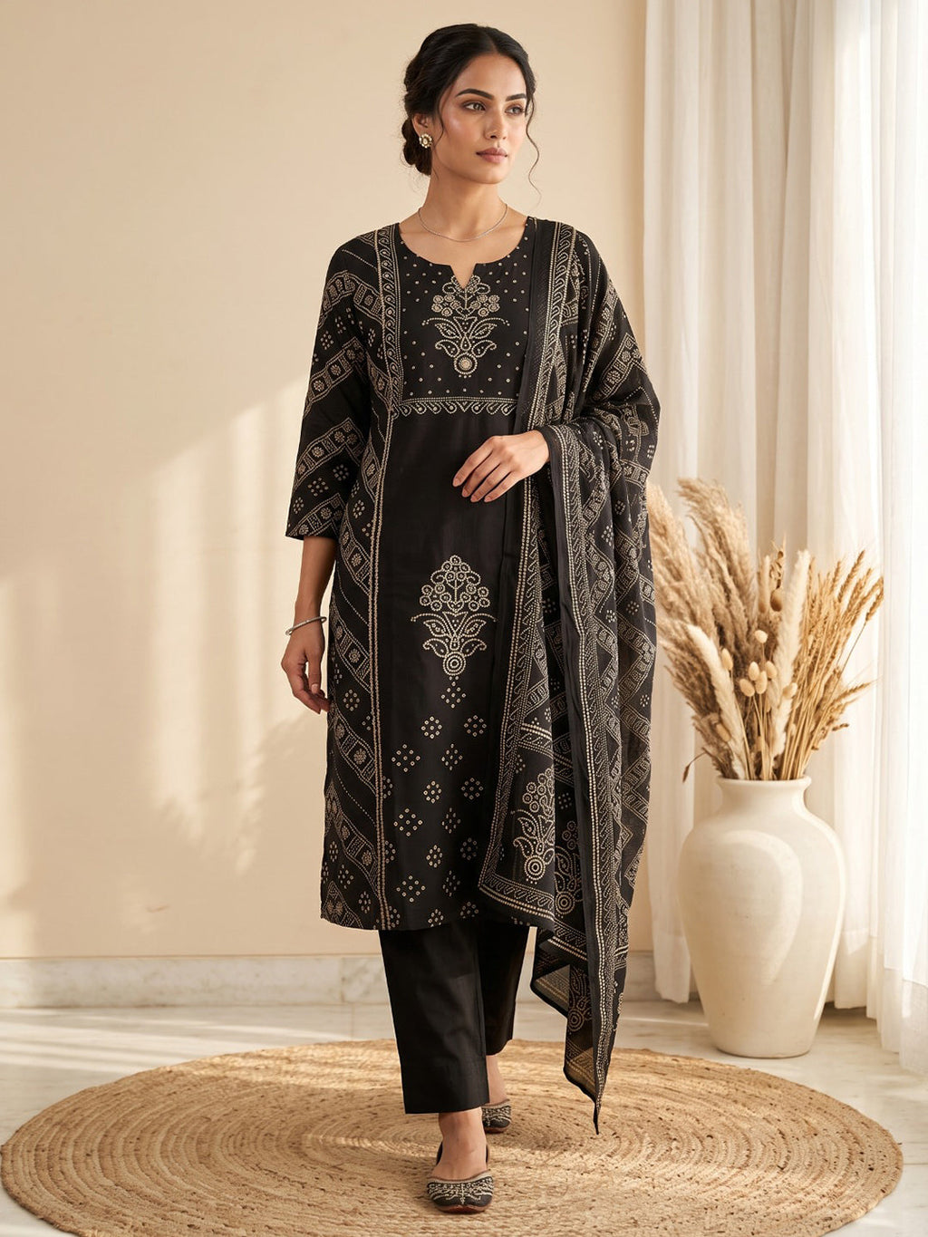 Black Printed Cotton Blend Kurta With Pant & Dupatta