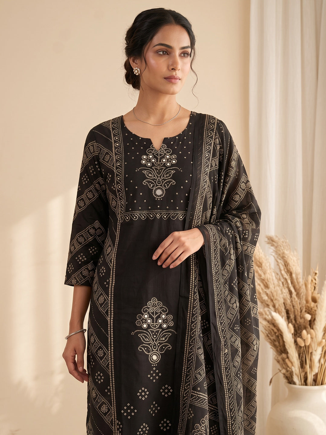 Black Printed Cotton Blend Kurta With Pant & Dupatta