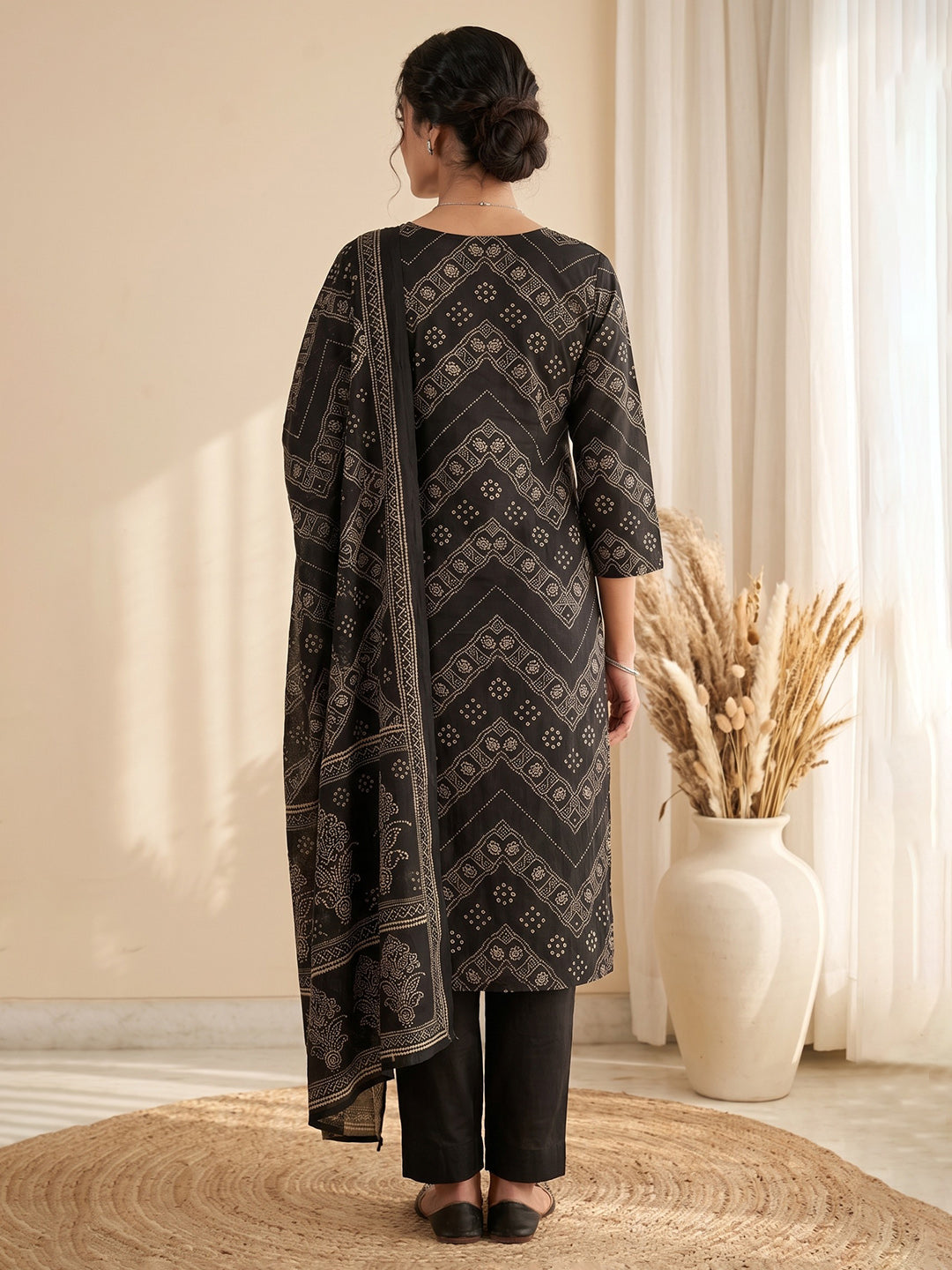 Black Printed Cotton Blend Kurta With Pant & Dupatta