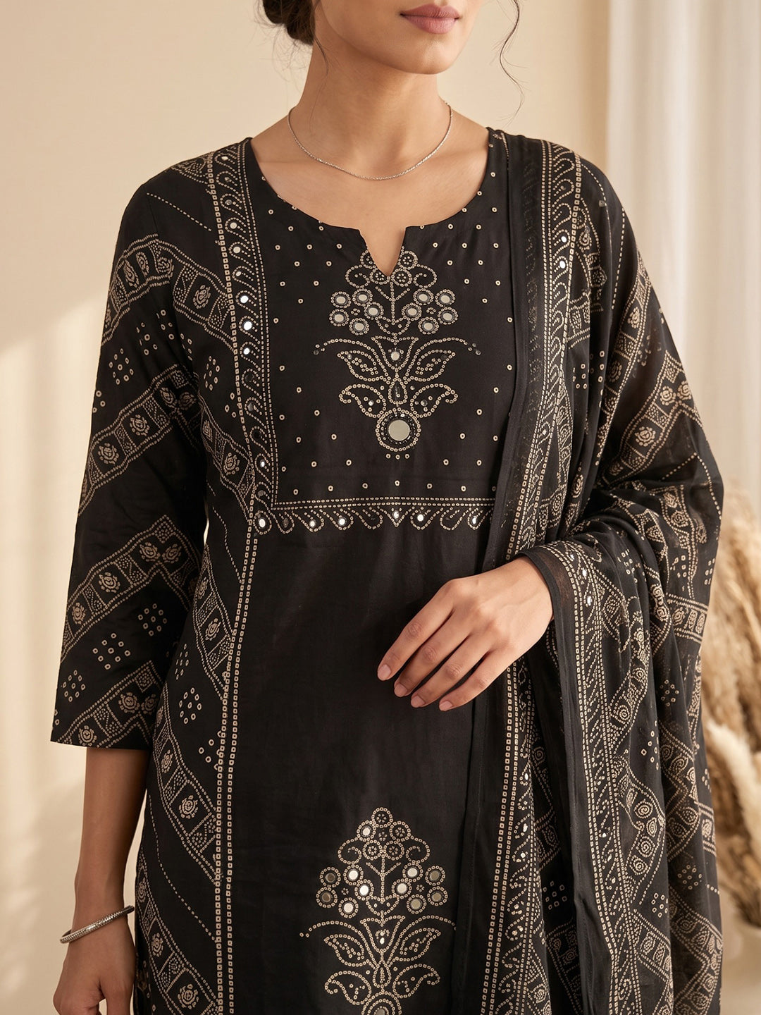 Black Printed Cotton Blend Kurta With Pant & Dupatta