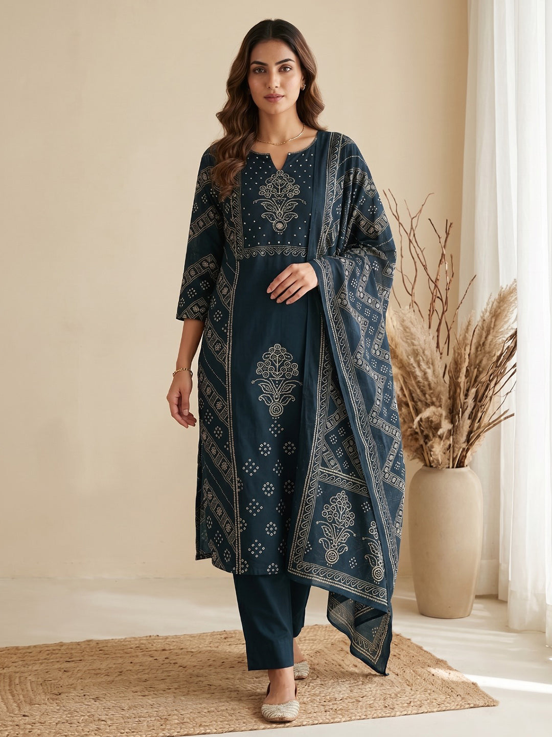 Blue Printed Cotton Blend Kurta With Pant & Dupatta