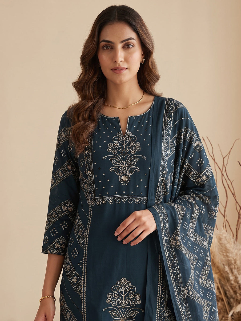 Blue Printed Cotton Blend Kurta With Pant & Dupatta