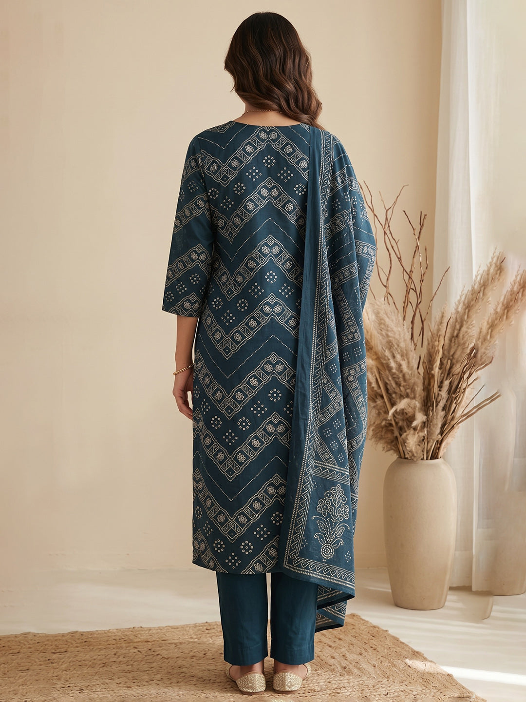 Blue Printed Cotton Blend Kurta With Pant & Dupatta