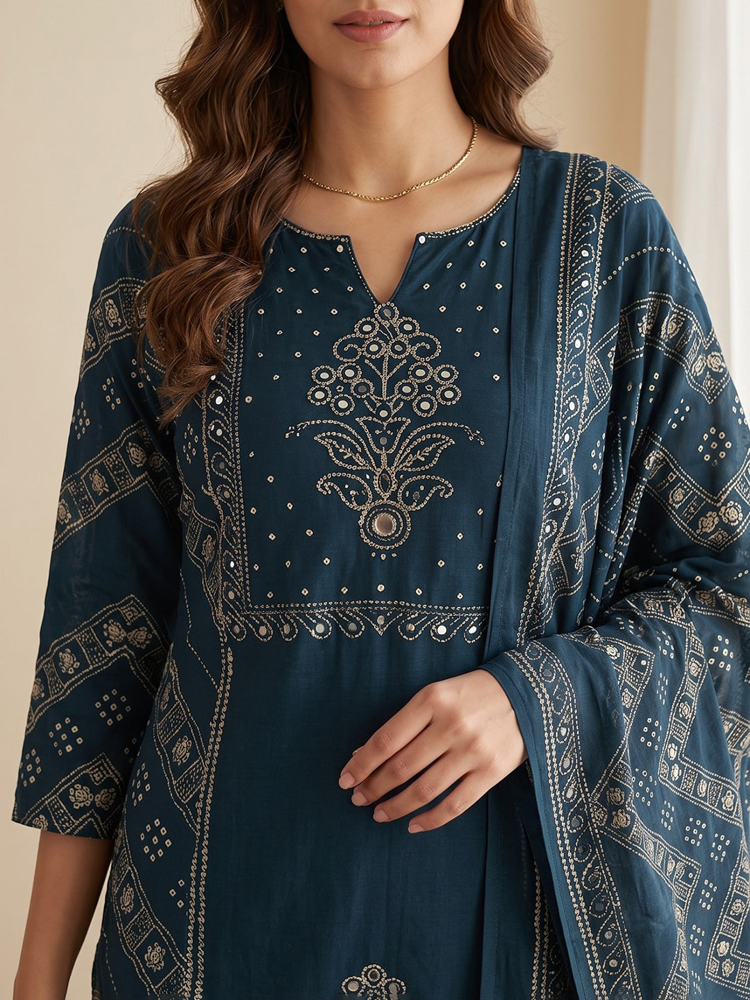 Blue Printed Cotton Blend Kurta With Pant & Dupatta