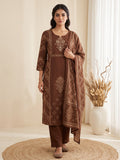 Brown Printed Cotton Blend Kurta With Pant & Dupatta