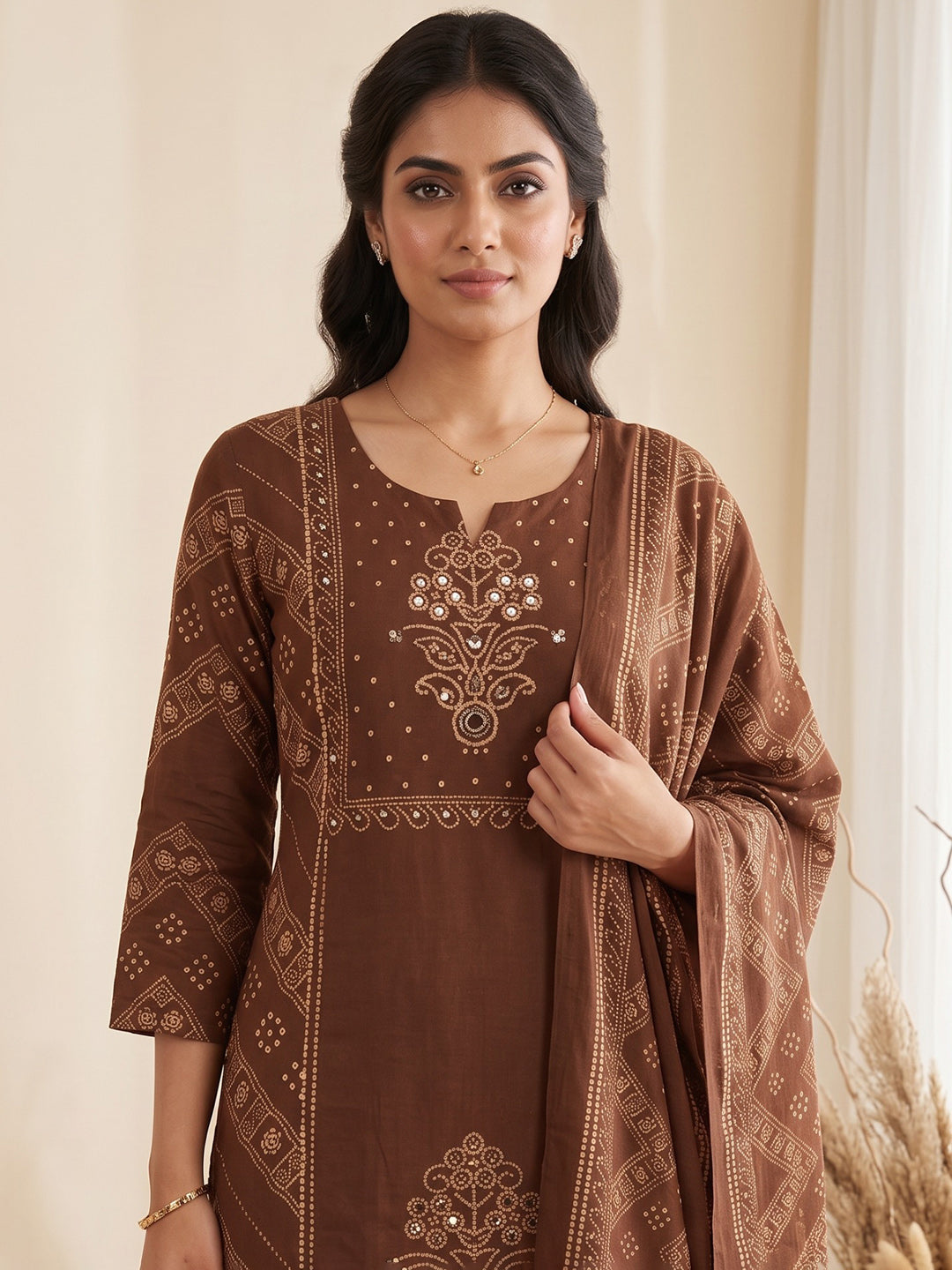 Brown Printed Cotton Blend Kurta With Pant & Dupatta