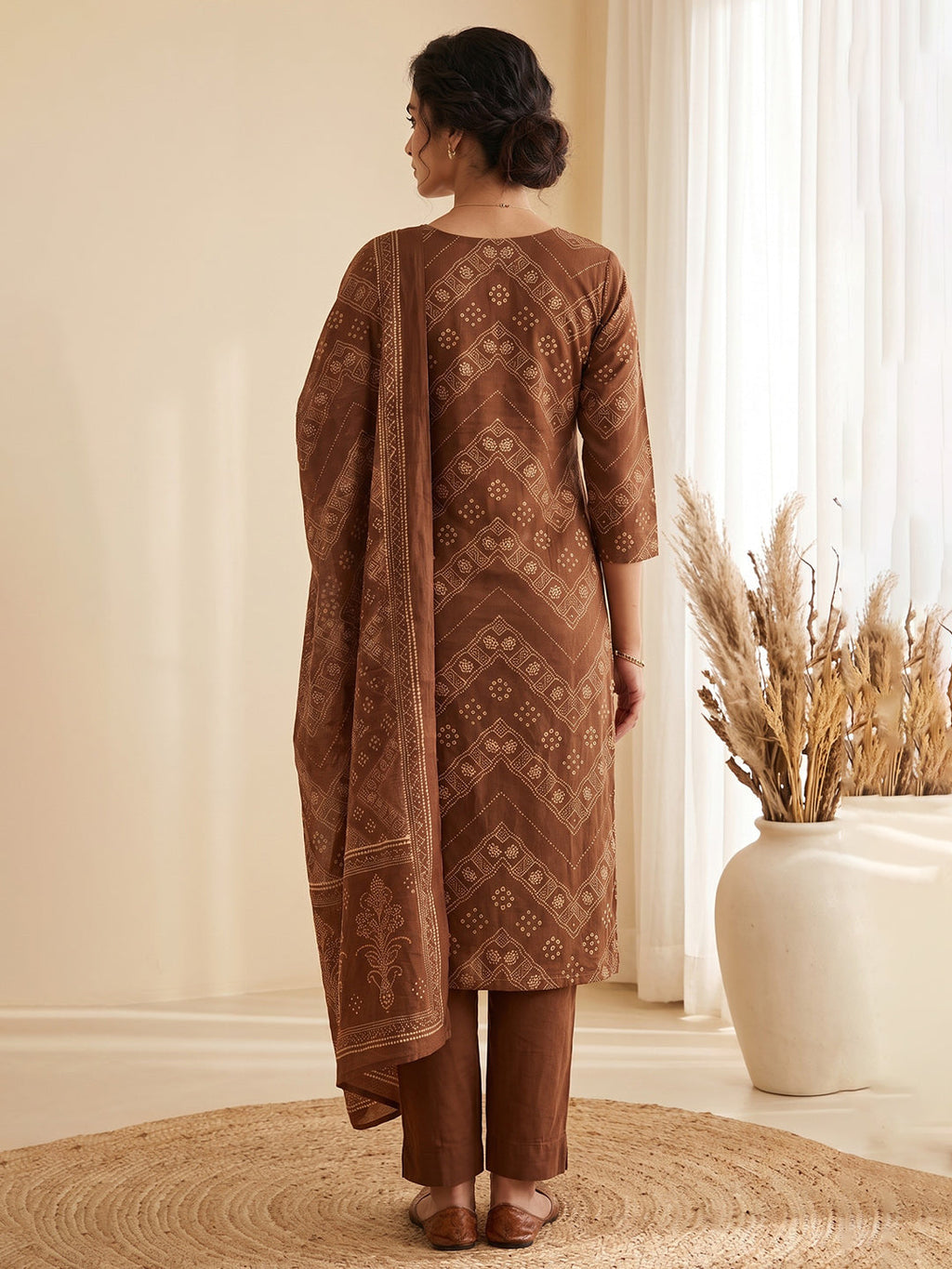 Brown Printed Cotton Blend Kurta With Pant & Dupatta