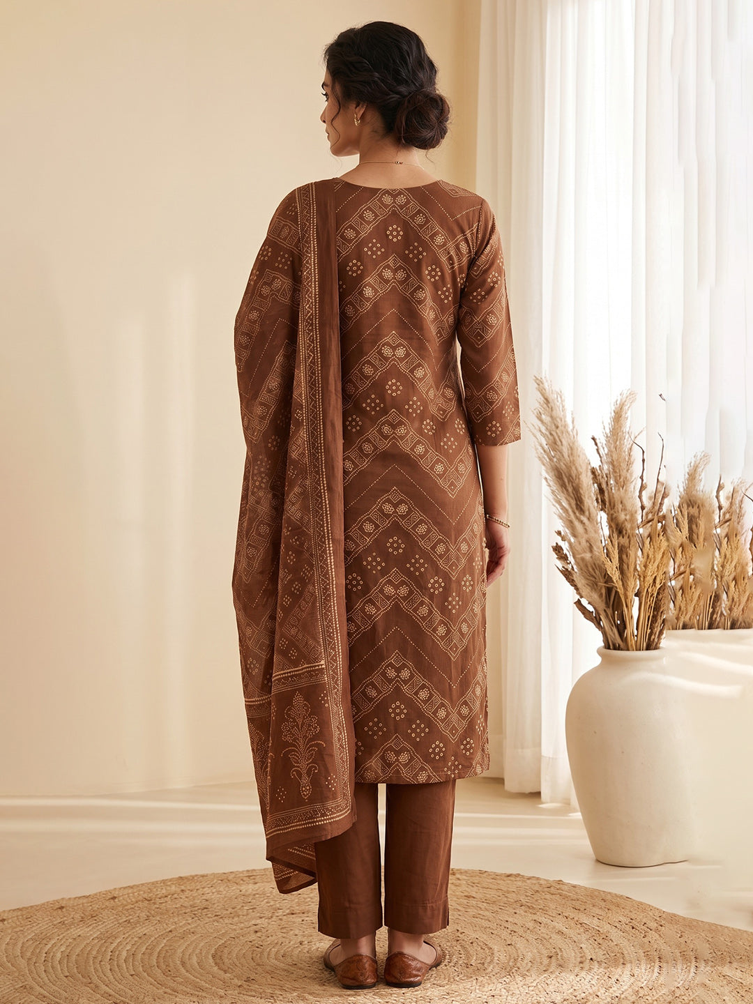 Brown Printed Cotton Blend Kurta With Pant & Dupatta