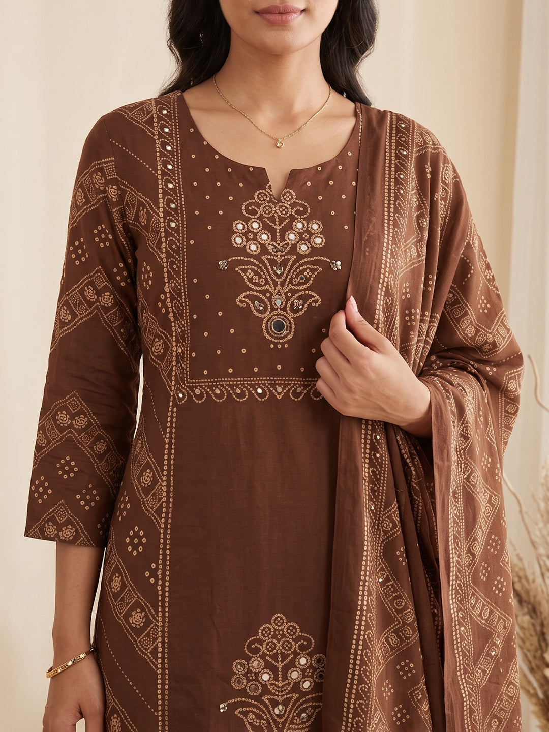 Brown Printed Cotton Blend Kurta With Pant & Dupatta